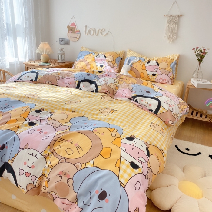 91家纺网 家纺一手货源 找家纺 2022年新款卡通系列全棉印花四件套实拍图直播爆款 欢乐牧场