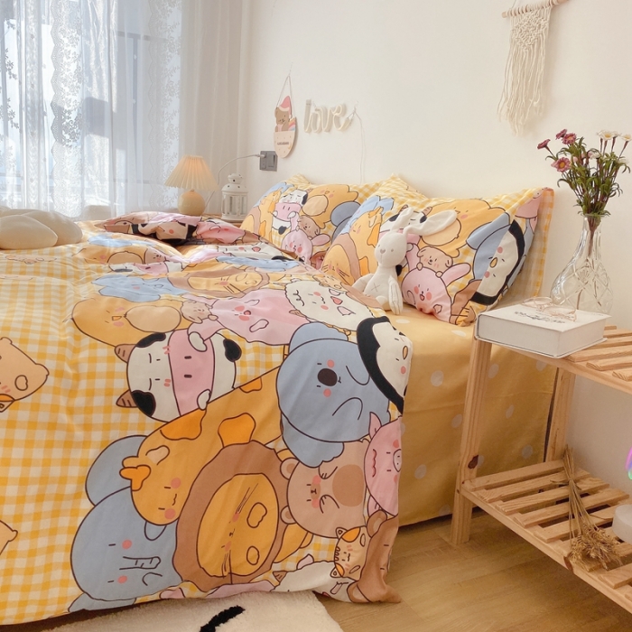 91家纺网 家纺一手货源 找家纺 2022年新款卡通系列全棉印花四件套实拍图直播爆款 欢乐牧场