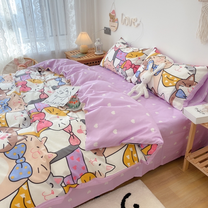 91家纺网 家纺一手货源 找家纺 2022年新款卡通系列全棉印花四件套实拍图直播爆款 喵喵聚会