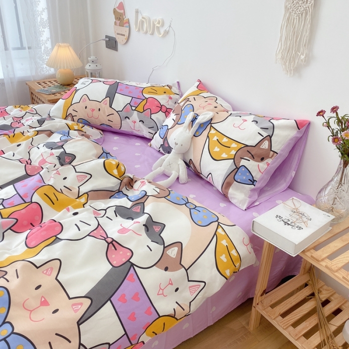 91家纺网 家纺一手货源 找家纺 2022年新款卡通系列全棉印花四件套实拍图直播爆款 喵喵聚会