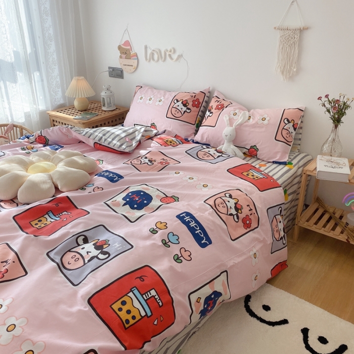 91家纺网 家纺一手货源 找家纺 2022年新款卡通系列全棉印花四件套实拍图直播爆款 奶牛宝贝