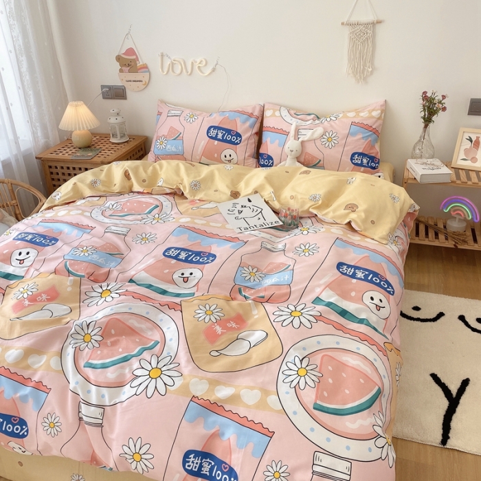 91家纺网 家纺一手货源 找家纺 2022年新款卡通系列全棉印花四件套实拍图直播爆款 甜蜜西瓜汁