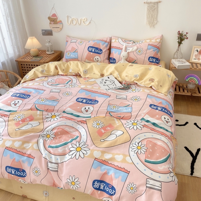 91家纺网 家纺一手货源 找家纺 2022年新款卡通系列全棉印花四件套实拍图直播爆款 甜蜜西瓜汁