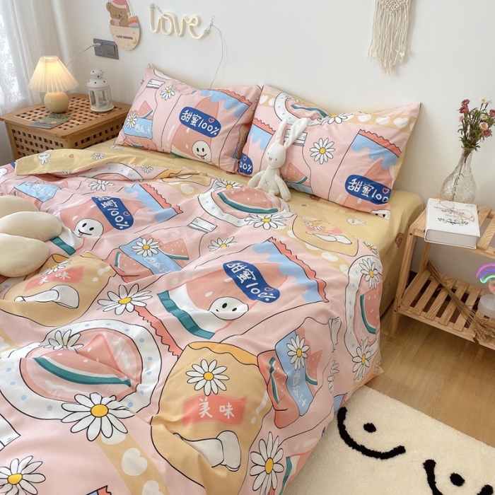 91家纺网 家纺一手货源 找家纺 2022年新款卡通系列全棉印花四件套实拍图直播爆款 甜蜜西瓜汁