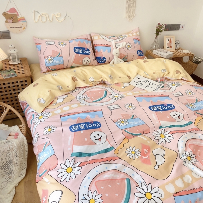 91家纺网 家纺一手货源 找家纺 2022年新款卡通系列全棉印花四件套实拍图直播爆款 甜蜜西瓜汁