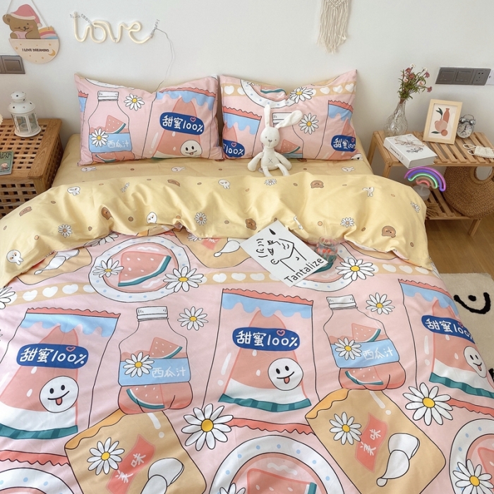 91家纺网 家纺一手货源 找家纺 2022年新款卡通系列全棉印花四件套实拍图直播爆款 甜蜜西瓜汁