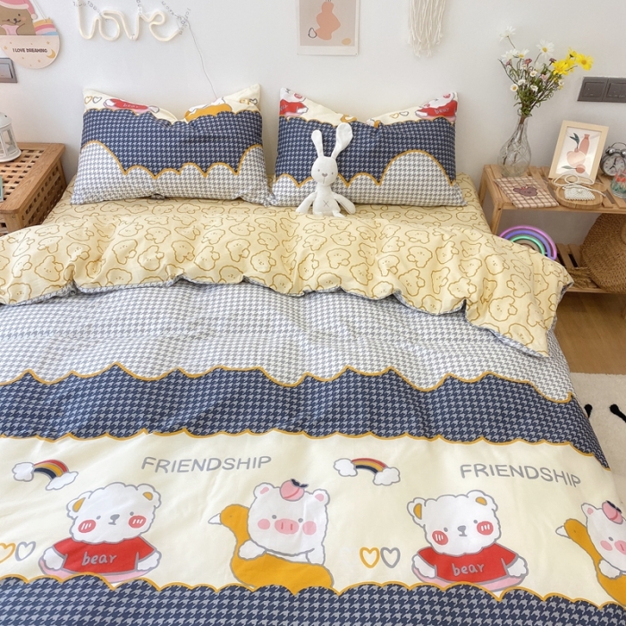 91家纺网 家纺一手货源 找家纺 2022年新款卡通系列全棉印花四件套实拍图直播爆款 熊珍珍