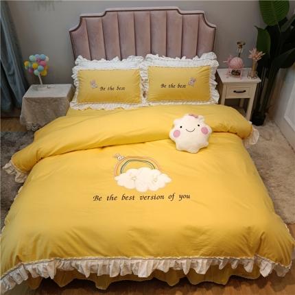 91家纺网 家纺一手货源 找家纺 2023网红全棉13376四件套少女心公主风被套实拍图 姜黄