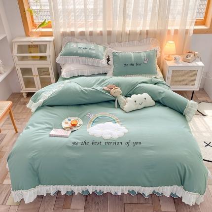 91家纺网 家纺一手货源 找家纺 2023网红全棉13376四件套少女心公主风纯棉被套棚拍图 豆绿