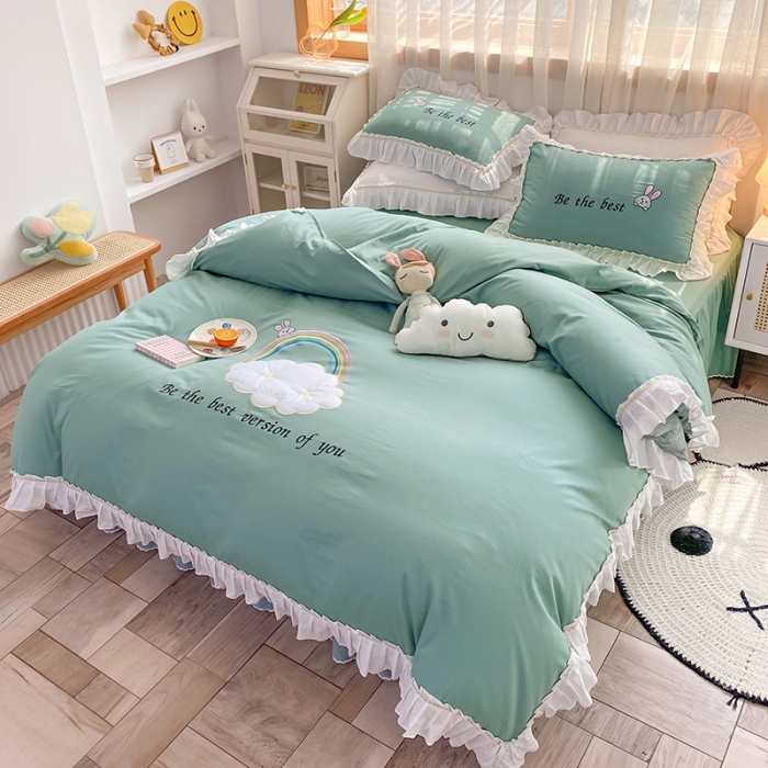 91家纺网 家纺一手货源 找家纺 2023网红全棉13376四件套少女心公主风纯棉被套棚拍图 豆绿