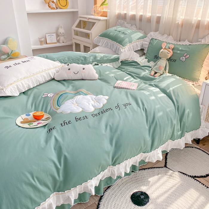 91家纺网 家纺一手货源 找家纺 2023网红全棉13376四件套少女心公主风纯棉被套棚拍图 豆绿