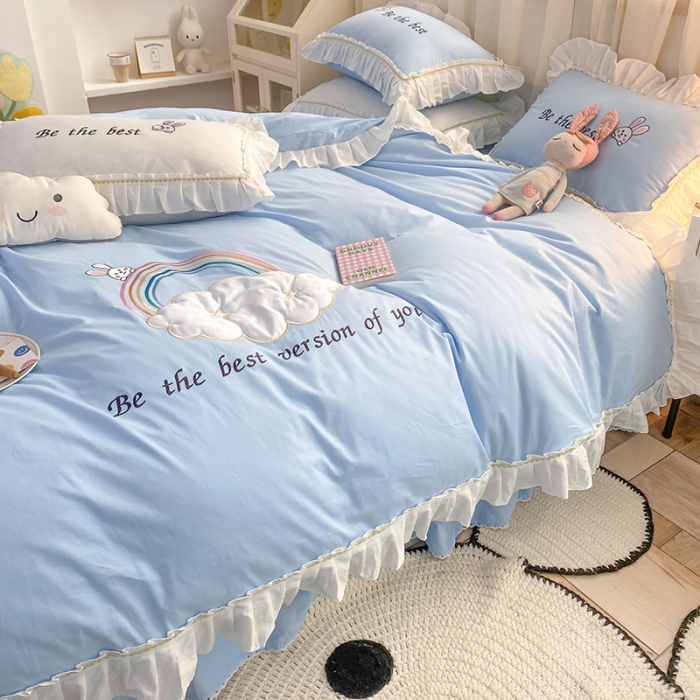 91家纺网 家纺一手货源 找家纺 2023网红全棉13376四件套少女心公主风纯棉被套棚拍图 蓝色