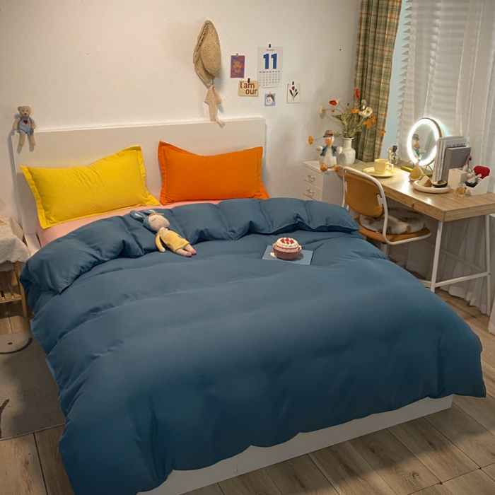 91家纺网 家纺一手货源 找家纺 贝拉梦 2021新款纯色混搭风四件套宝蓝+粉玉