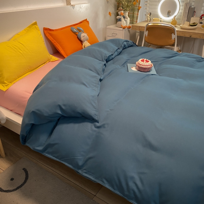 91家纺网 家纺一手货源 找家纺 贝拉梦 2021新款纯色混搭风四件套宝蓝+粉玉