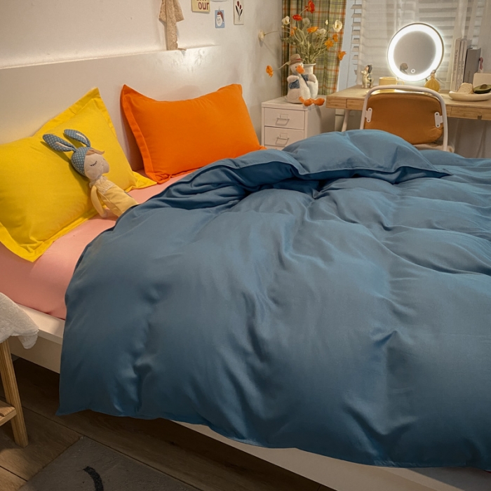 91家纺网 家纺一手货源 找家纺 贝拉梦 2021新款纯色混搭风四件套宝蓝+粉玉