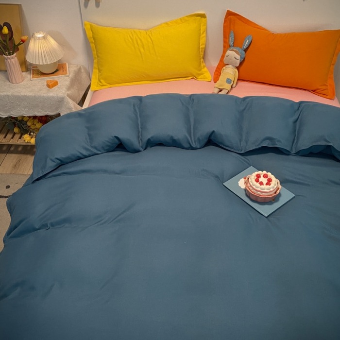 91家纺网 家纺一手货源 找家纺 贝拉梦 2021新款纯色混搭风四件套宝蓝+粉玉