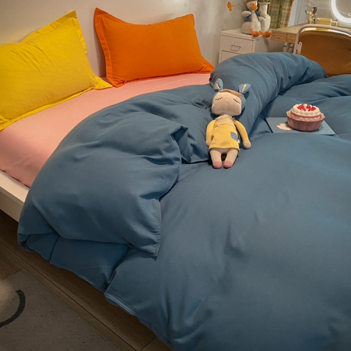 91家纺网 家纺一手货源 找家纺 贝拉梦 2021新款纯色混搭风四件套宝蓝+粉玉