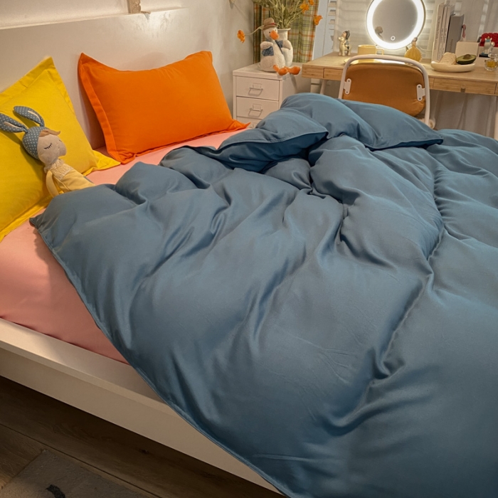 91家纺网 家纺一手货源 找家纺 贝拉梦 2021新款纯色混搭风四件套宝蓝+粉玉