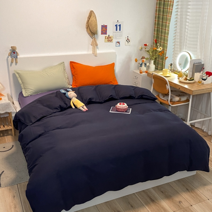 91家纺网 家纺一手货源 找家纺 贝拉梦 2021新款纯色混搭风四件套藏青+烟熏