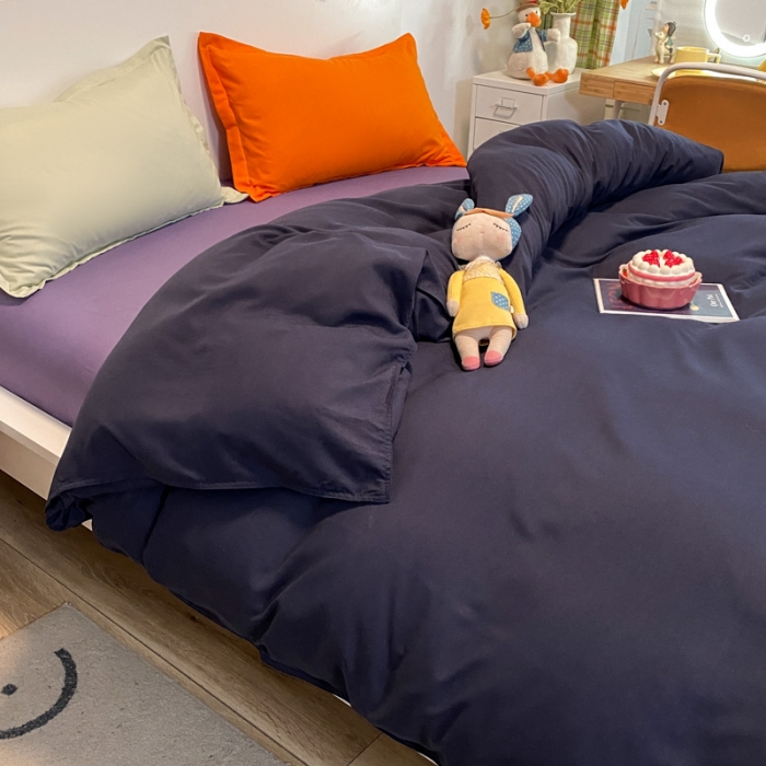 91家纺网 家纺一手货源 找家纺 贝拉梦 2021新款纯色混搭风四件套藏青+烟熏