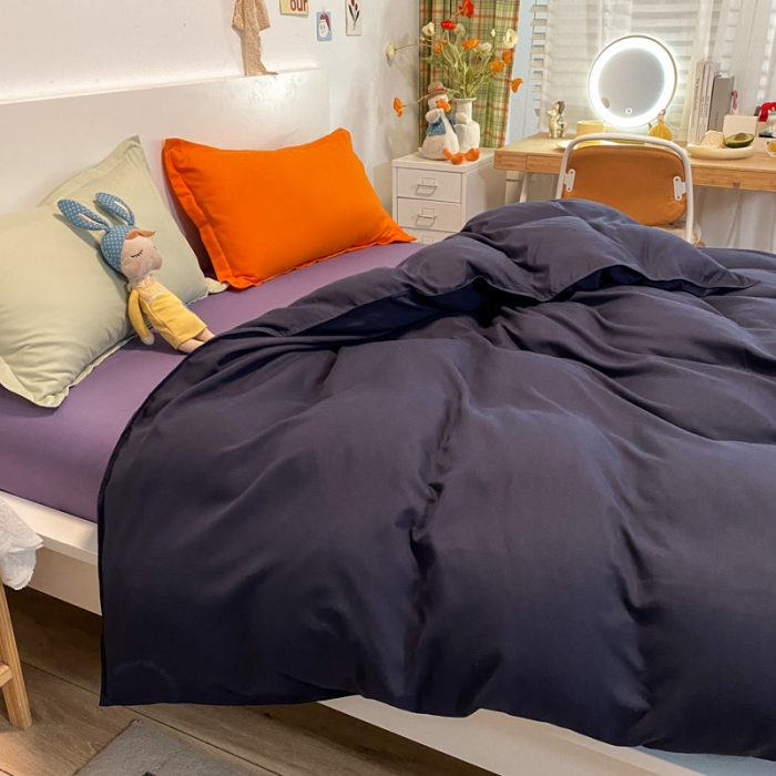 91家纺网 家纺一手货源 找家纺 贝拉梦 2021新款纯色混搭风四件套藏青+烟熏