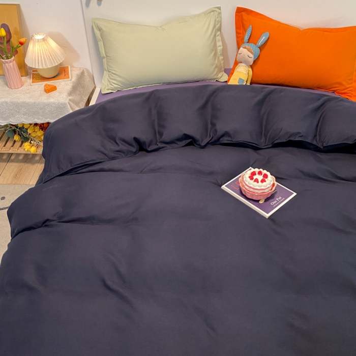 91家纺网 家纺一手货源 找家纺 贝拉梦 2021新款纯色混搭风四件套藏青+烟熏