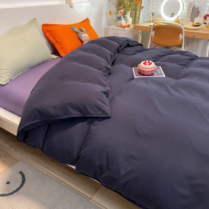 91家纺网 家纺一手货源 找家纺 贝拉梦 2021新款纯色混搭风四件套藏青+烟熏