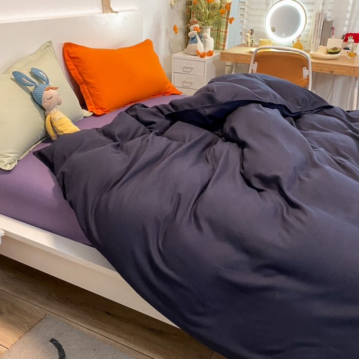 91家纺网 家纺一手货源 找家纺 贝拉梦 2021新款纯色混搭风四件套藏青+烟熏