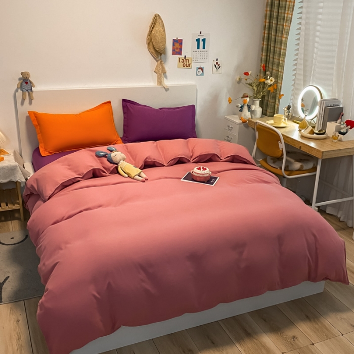 91家纺网 家纺一手货源 找家纺 贝拉梦 2021新款纯色混搭风四件套豆沙+魅紫