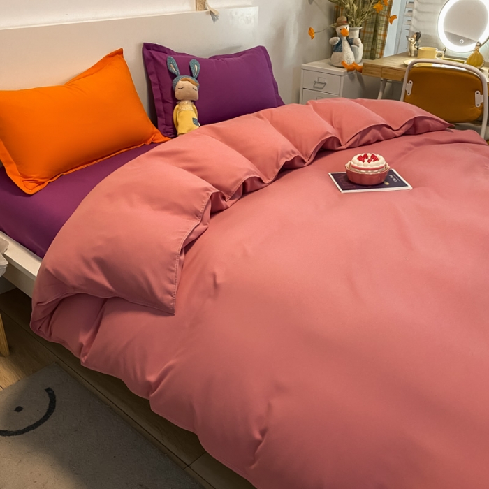 91家纺网 家纺一手货源 找家纺 贝拉梦 2021新款纯色混搭风四件套豆沙+魅紫