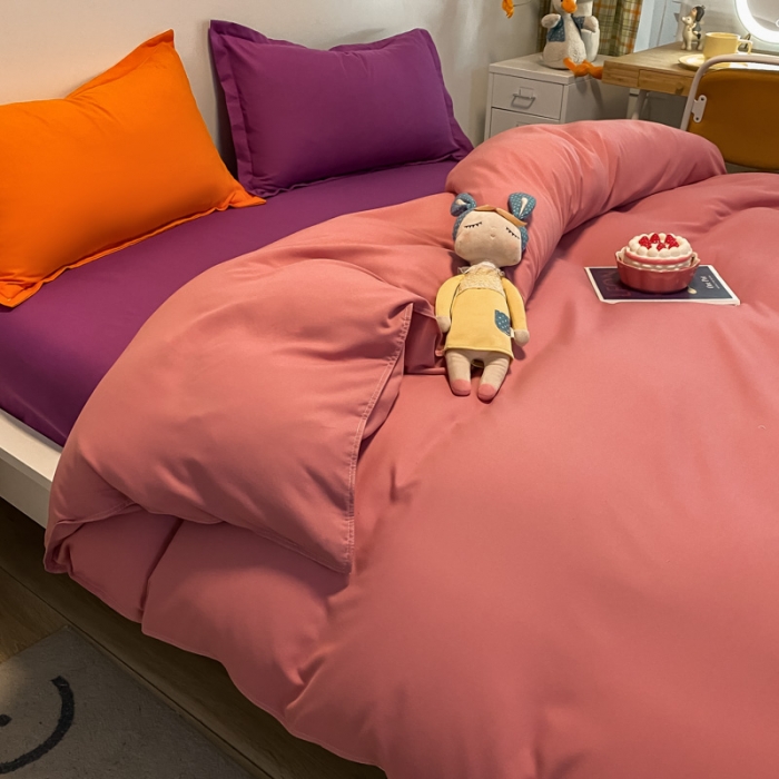 91家纺网 家纺一手货源 找家纺 贝拉梦 2021新款纯色混搭风四件套豆沙+魅紫