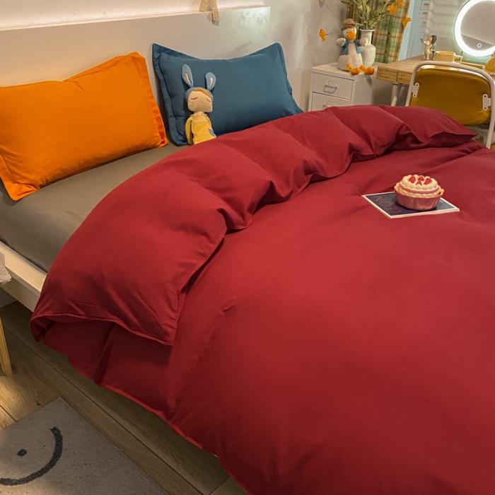 91家纺网 家纺一手货源 找家纺 贝拉梦 2021新款纯色混搭风四件套酒红+深灰