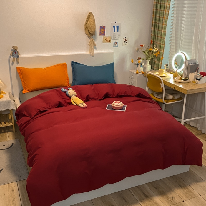 91家纺网 家纺一手货源 找家纺 贝拉梦 2021新款纯色混搭风四件套酒红+深灰