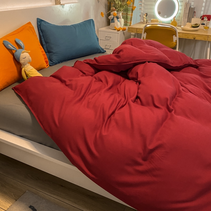 91家纺网 家纺一手货源 找家纺 贝拉梦 2021新款纯色混搭风四件套酒红+深灰