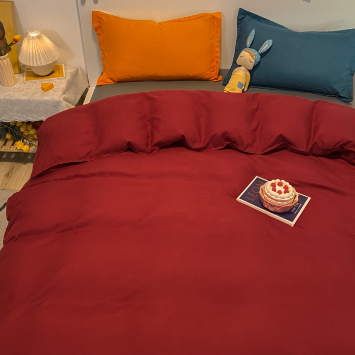 91家纺网 家纺一手货源 找家纺 贝拉梦 2021新款纯色混搭风四件套酒红+深灰