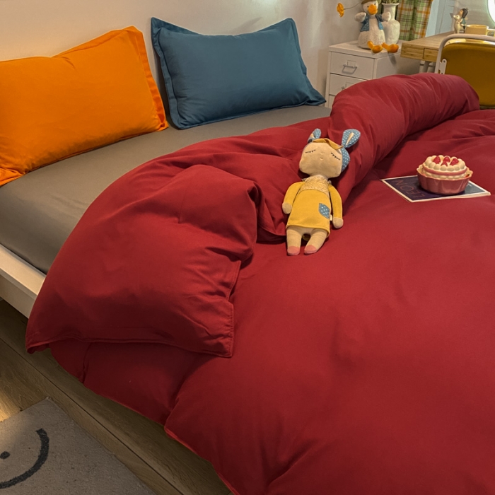 91家纺网 家纺一手货源 找家纺 贝拉梦 2021新款纯色混搭风四件套酒红+深灰