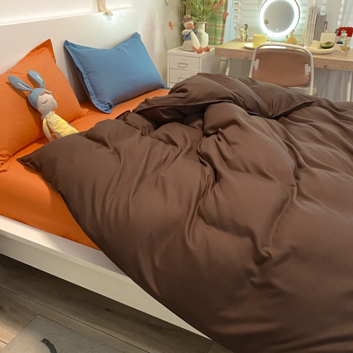 91家纺网 家纺一手货源 找家纺 贝拉梦 2021新款纯色混搭风四件套咖啡+靓橙