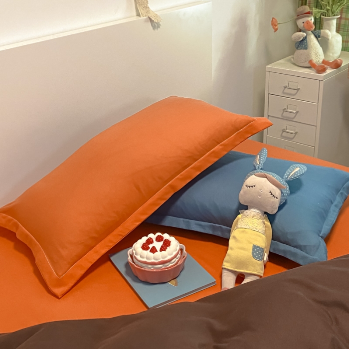 91家纺网 家纺一手货源 找家纺 贝拉梦 2021新款纯色混搭风四件套咖啡+靓橙