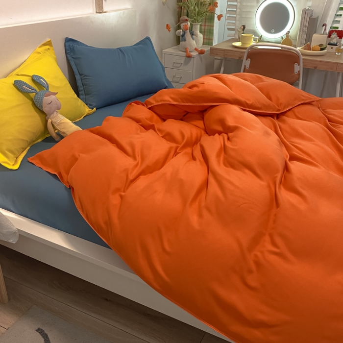 91家纺网 家纺一手货源 找家纺 贝拉梦 2021新款纯色混搭风四件套靓橙+宝蓝