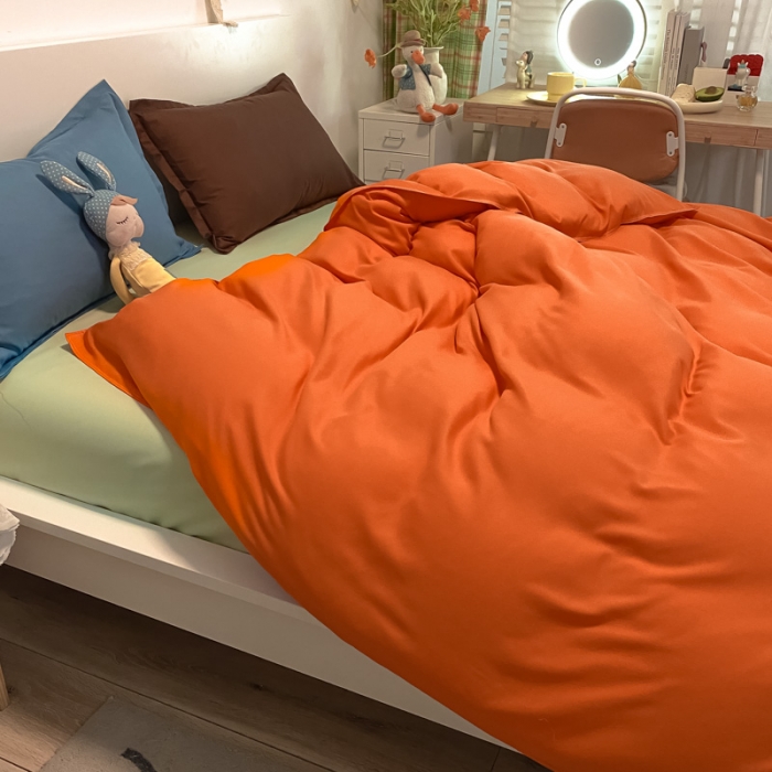 91家纺网 家纺一手货源 找家纺 贝拉梦 2021新款纯色混搭风四件套靓橙+宝绿