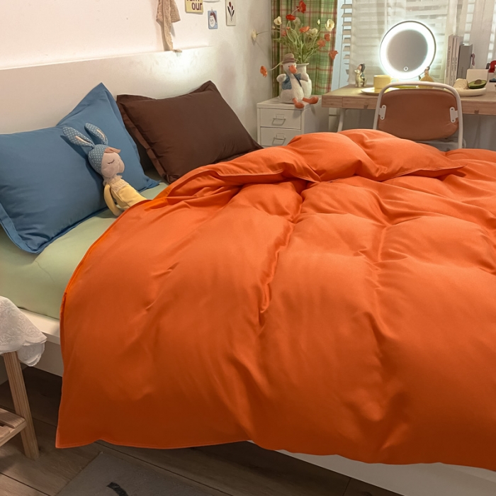 91家纺网 家纺一手货源 找家纺 贝拉梦 2021新款纯色混搭风四件套靓橙+宝绿