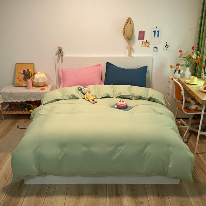 91家纺网 家纺一手货源 找家纺 贝拉梦 2021新款纯色混搭风四件套浅绿+粉玉