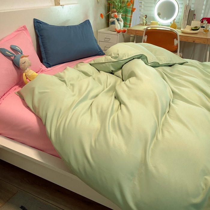 91家纺网 家纺一手货源 找家纺 贝拉梦 2021新款纯色混搭风四件套浅绿+粉玉