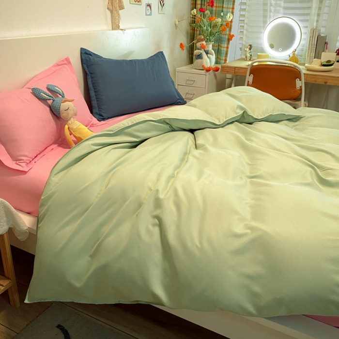91家纺网 家纺一手货源 找家纺 贝拉梦 2021新款纯色混搭风四件套浅绿+粉玉