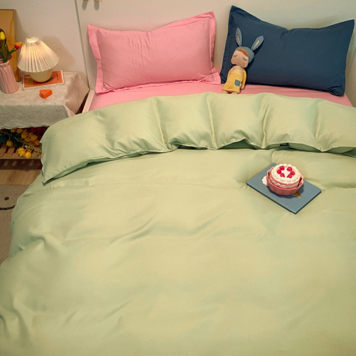 91家纺网 家纺一手货源 找家纺 贝拉梦 2021新款纯色混搭风四件套浅绿+粉玉