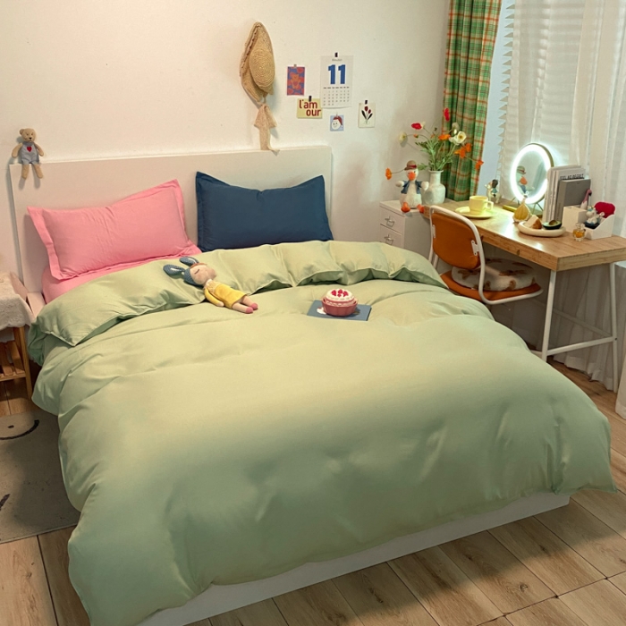 91家纺网 家纺一手货源 找家纺 贝拉梦 2021新款纯色混搭风四件套浅绿+粉玉