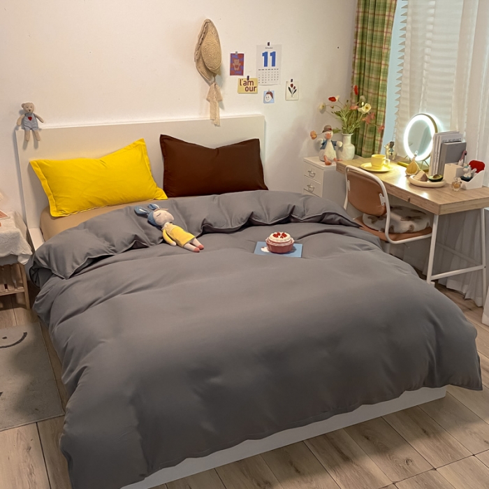 91家纺网 家纺一手货源 找家纺 贝拉梦 2021新款纯色混搭风四件套银灰+米驼