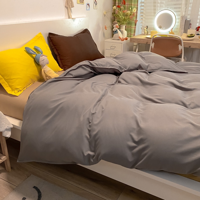 91家纺网 家纺一手货源 找家纺 贝拉梦 2021新款纯色混搭风四件套银灰+米驼