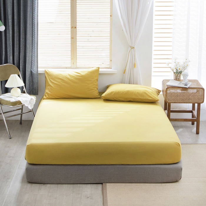 91家纺网 家纺一手货源 找家纺 小米笠 2021新款全棉水洗棉床笠杏黄