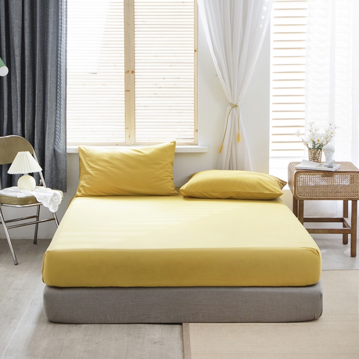 91家纺网 家纺一手货源 找家纺 小米笠 2021新款全棉水洗棉床笠杏黄